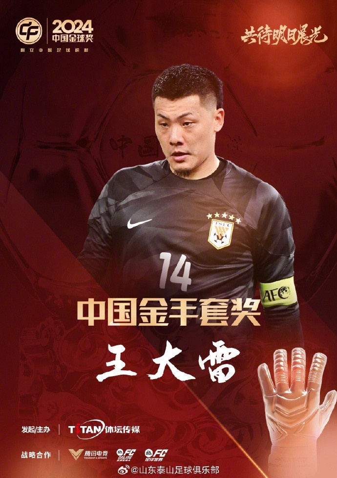 王大雷榮獲中國金手套獎，謝文能入選中國金球獎候選人前三名