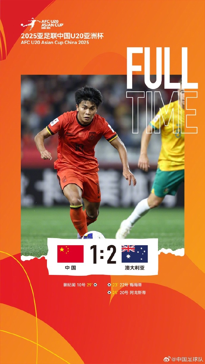  U20亞洲杯小組賽A組第三輪，中國隊(duì)1比2負(fù)于澳大利亞隊(duì)